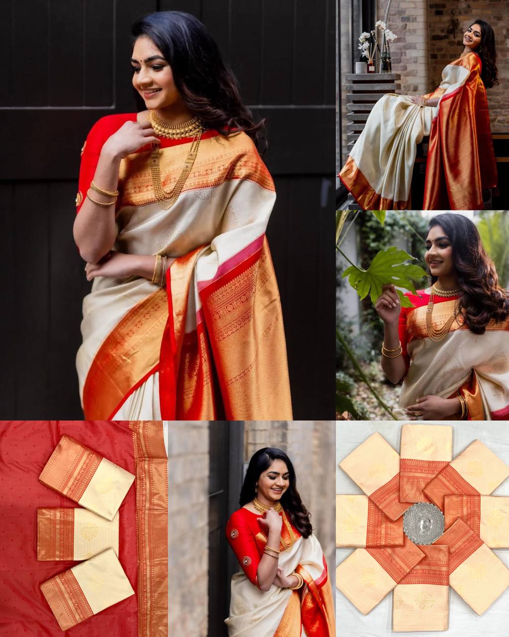Elegant Cream & Red Soft Silk Saree with Premium Gold Zari Weaving, Traditional Temple Border, and Rich Grand Pallu Design