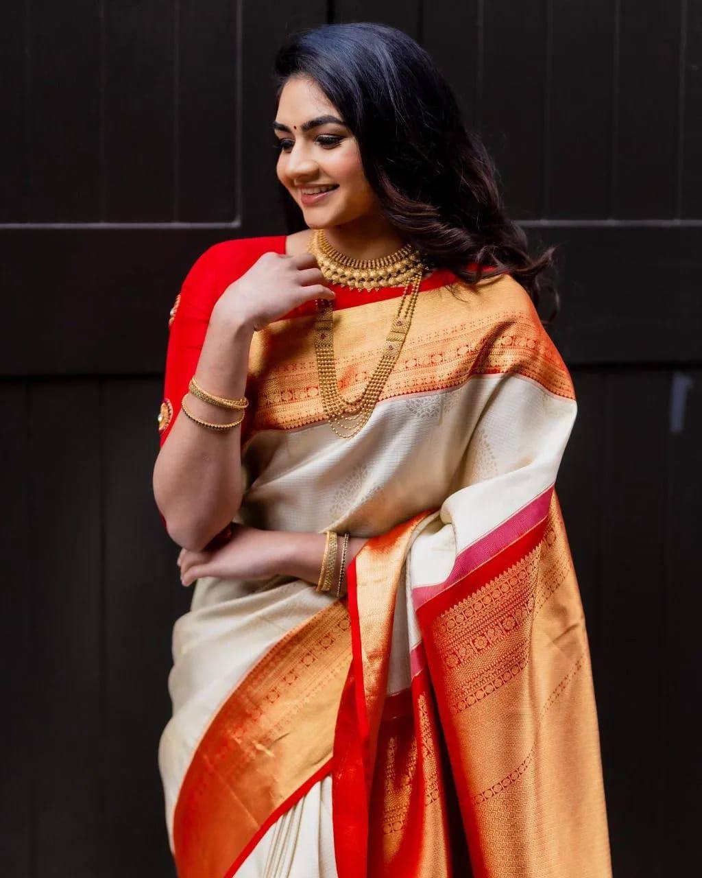 Elegant Cream & Red Soft Silk Saree with Premium Gold Zari Weaving, Traditional Temple Border, and Rich Grand Pallu Design