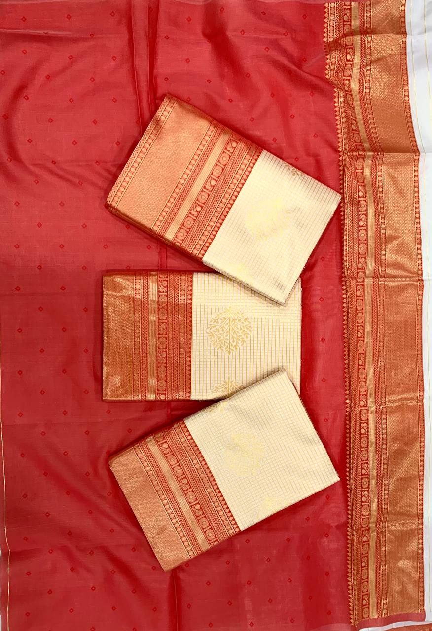 Elegant Cream & Red Soft Silk Saree with Premium Gold Zari Weaving, Traditional Temple Border, and Rich Grand Pallu Design
