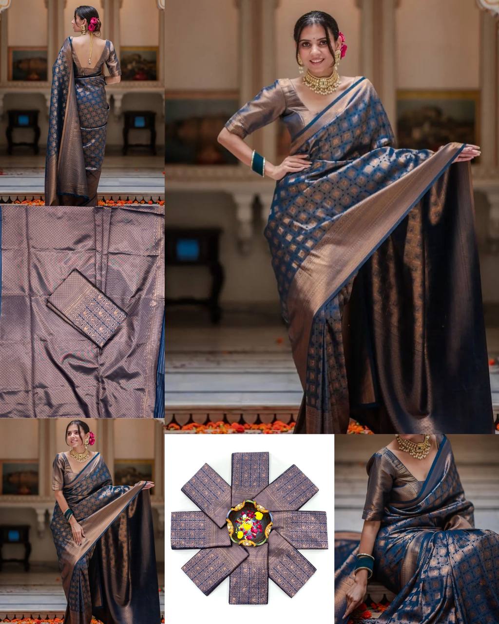 Premium Coffee Brown Soft Silk Saree with Navy Blue Accents, Heavy Gold Zari Weaving, and Luxurious Traditional Festive Look