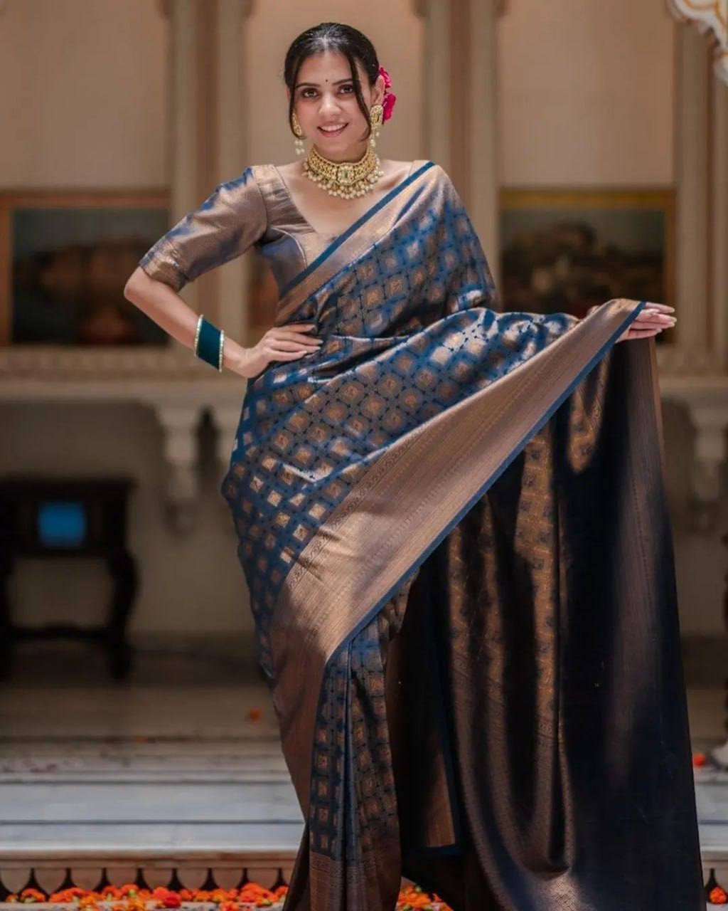 Premium Coffee Brown Soft Silk Saree with Navy Blue Accents, Heavy Gold Zari Weaving, and Luxurious Traditional Festive Look