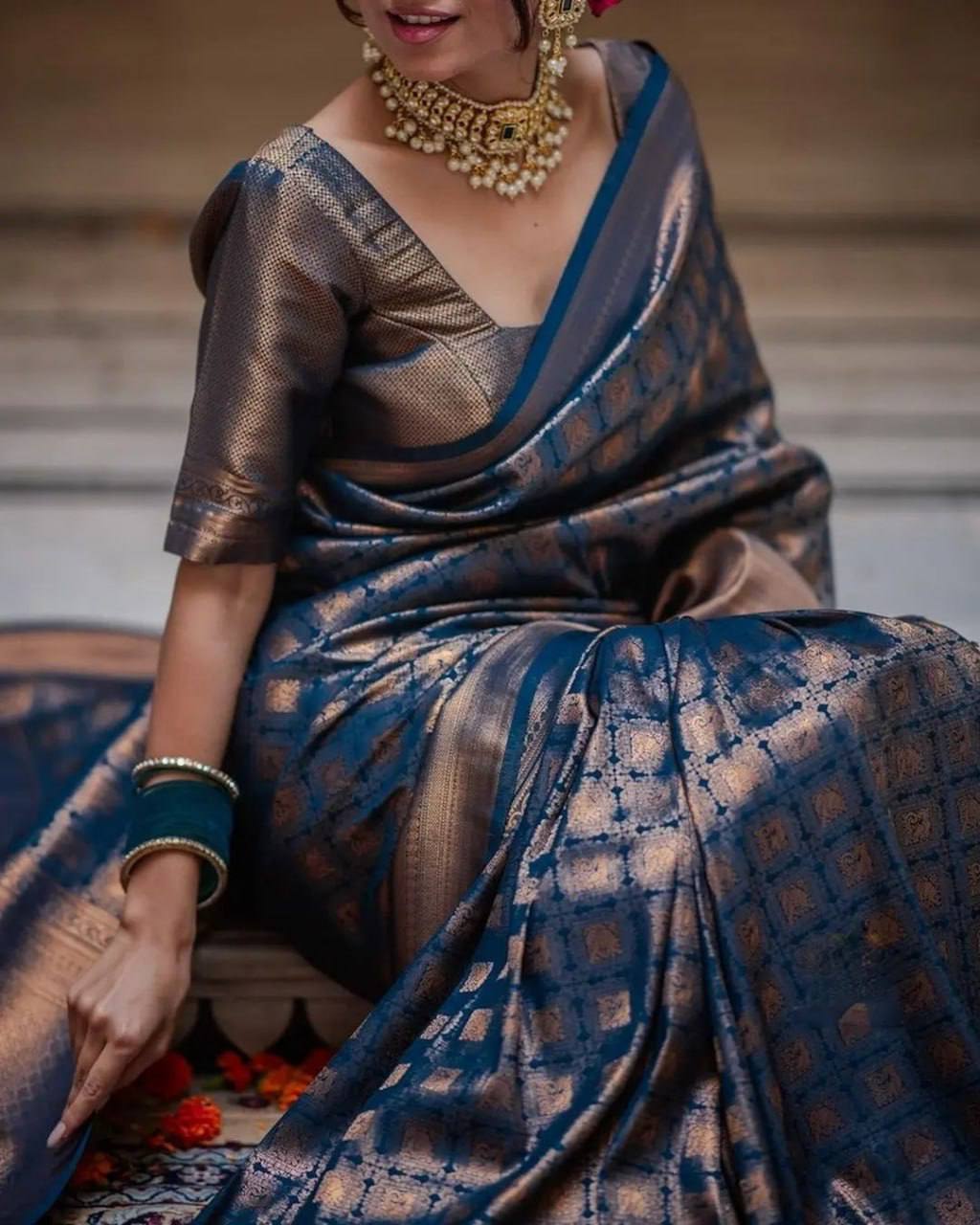 Premium Coffee Brown Soft Silk Saree with Navy Blue Accents, Heavy Gold Zari Weaving, and Luxurious Traditional Festive Look