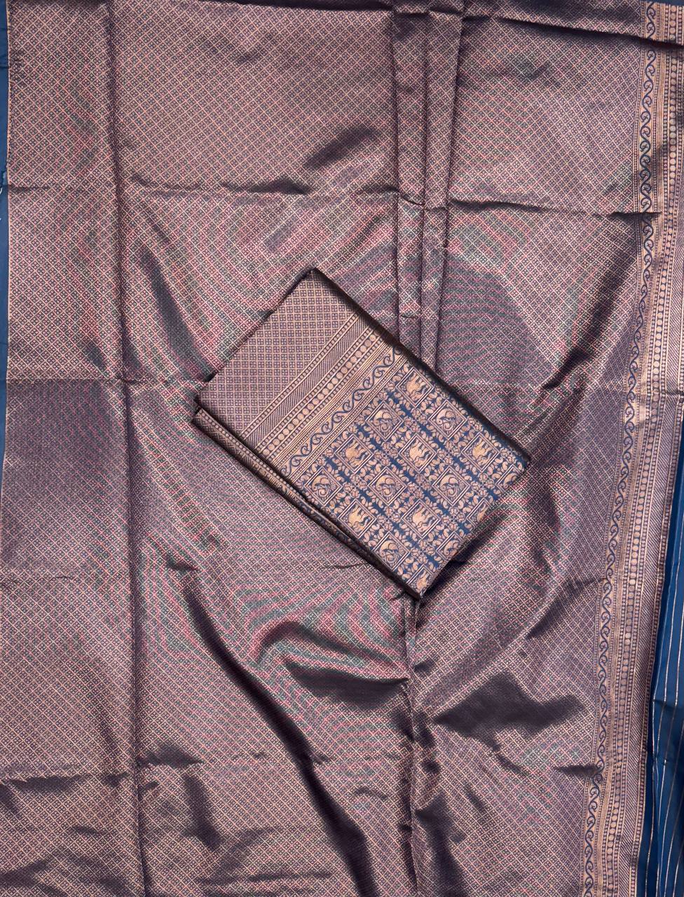 Premium Coffee Brown Soft Silk Saree with Navy Blue Accents, Heavy Gold Zari Weaving, and Luxurious Traditional Festive Look