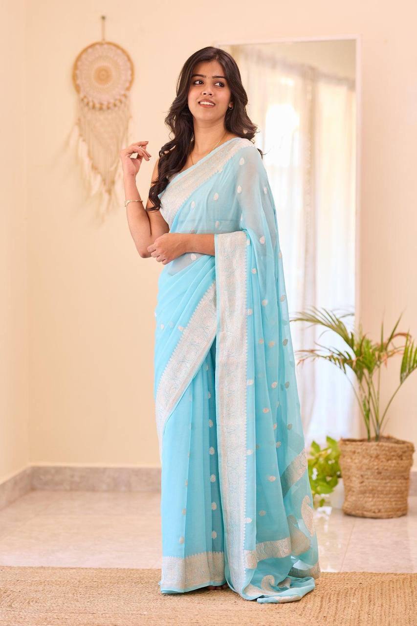 Elegant Baby Blue Soft Organza Saree with Delicate White Thread Embroidery, Lightweight Sheer Drape, Contrast Textured Border & Matching Blouse Piece
