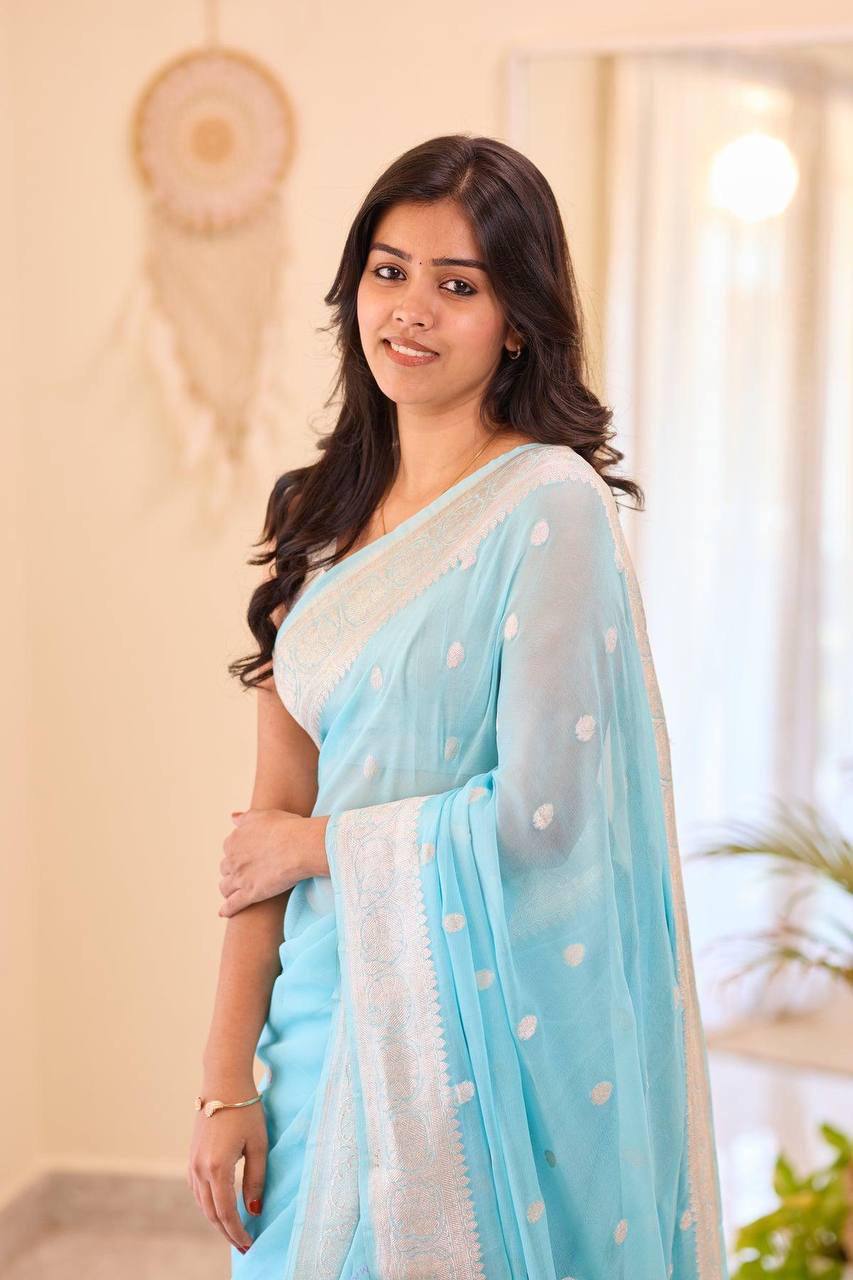 Elegant Baby Blue Soft Organza Saree with Delicate White Thread Embroidery, Lightweight Sheer Drape, Contrast Textured Border & Matching Blouse Piece