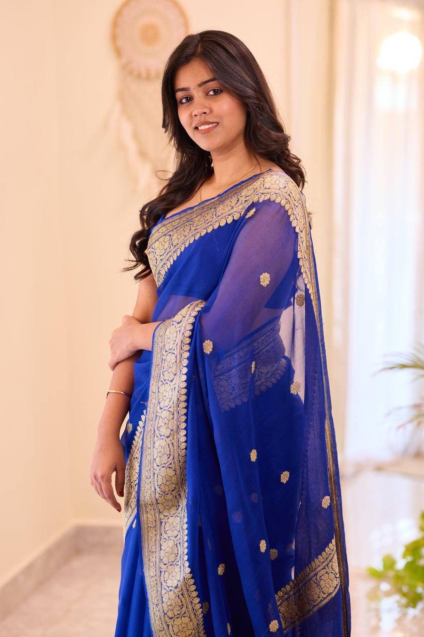 Royal Blue Soft Organza Saree with Heavy Golden Zari Embroidered Border, Elegant Butta Work, Transparent Sheer Pallu & Matching Blouse Piece