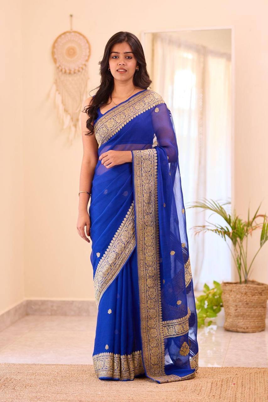 Royal Blue Soft Organza Saree with Heavy Golden Zari Embroidered Border, Elegant Butta Work, Transparent Sheer Pallu & Matching Blouse Piece
