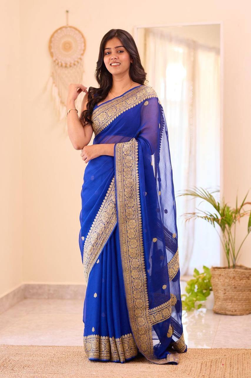 Royal Blue Soft Organza Saree with Heavy Golden Zari Embroidered Border, Elegant Butta Work, Transparent Sheer Pallu & Matching Blouse Piece
