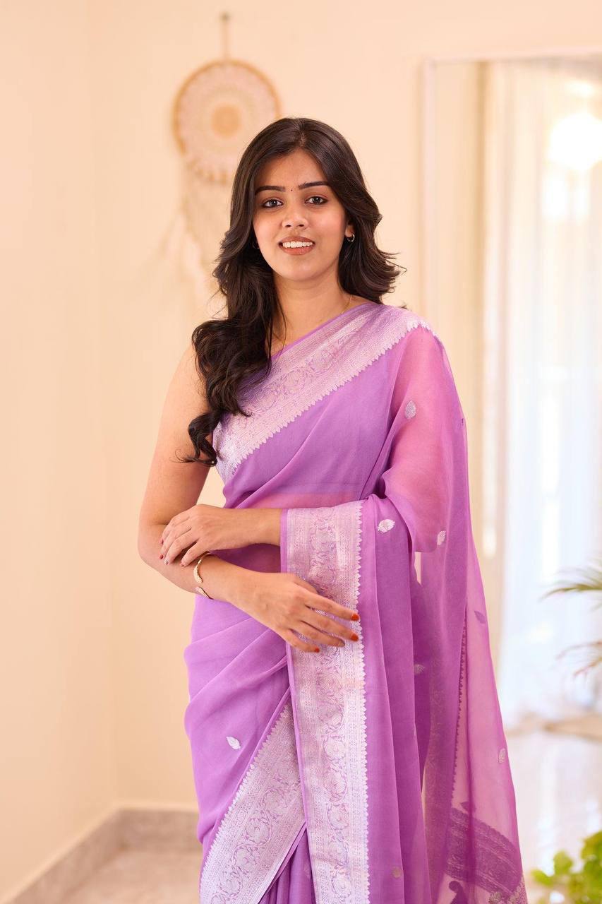 Graceful Lavender Soft Organza Saree with Elegant White Thread Embroidery, Intricate Woven Border, Lightweight Sheer Texture & Matching Blouse Piece
