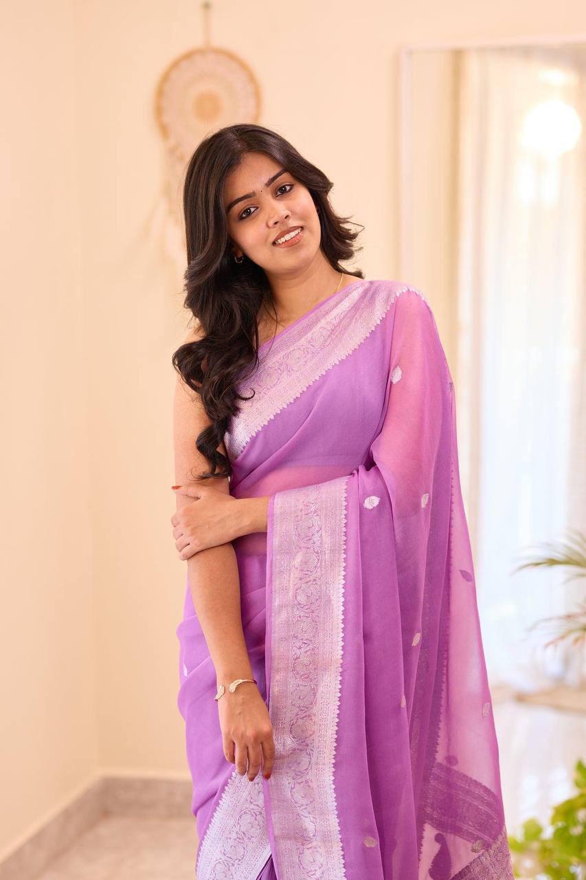 Graceful Lavender Soft Organza Saree with Elegant White Thread Embroidery, Intricate Woven Border, Lightweight Sheer Texture & Matching Blouse Piece