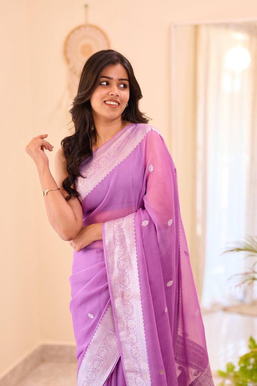 Graceful Lavender Soft Organza Saree with Elegant White Thread Embroidery, Intricate Woven Border, Lightweight Sheer Texture & Matching Blouse Piece