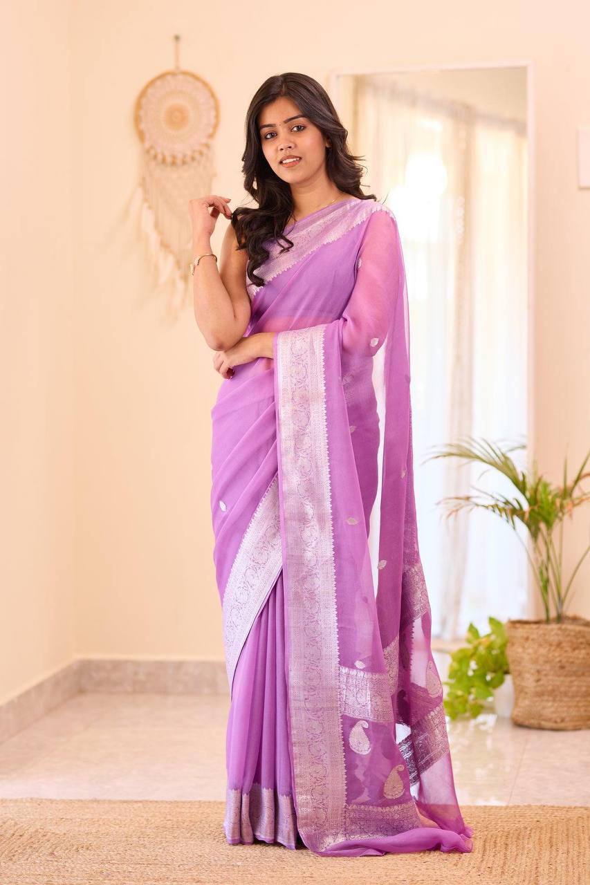 Graceful Lavender Soft Organza Saree with Elegant White Thread Embroidery, Intricate Woven Border, Lightweight Sheer Texture & Matching Blouse Piece