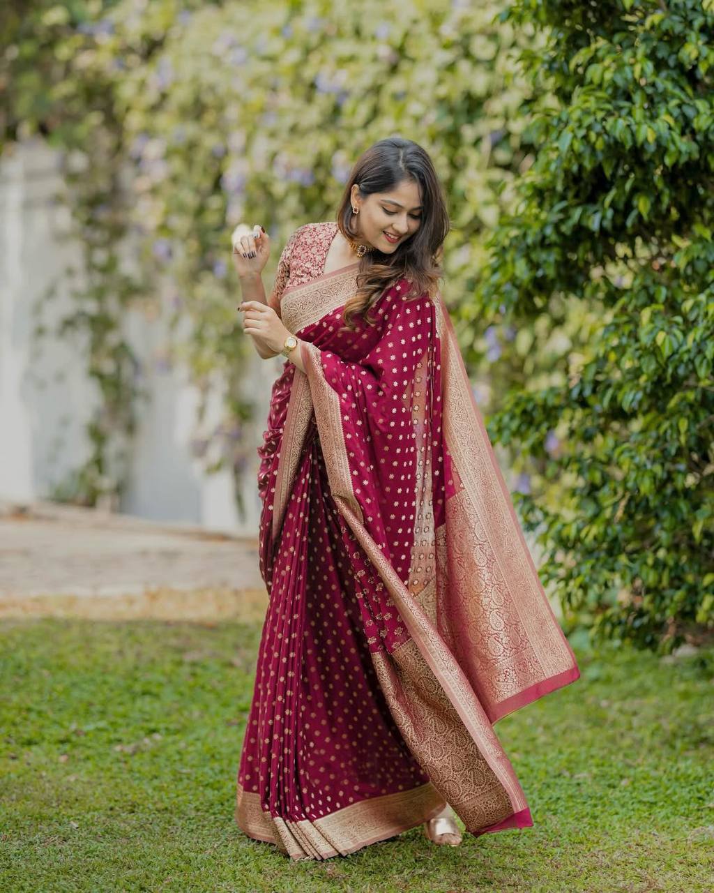 Elegant Maroon Soft Silk Saree with Rich Gold Zari Weaving, Intricate Traditional Border, and Graceful Festive & Wedding Wear Appeal