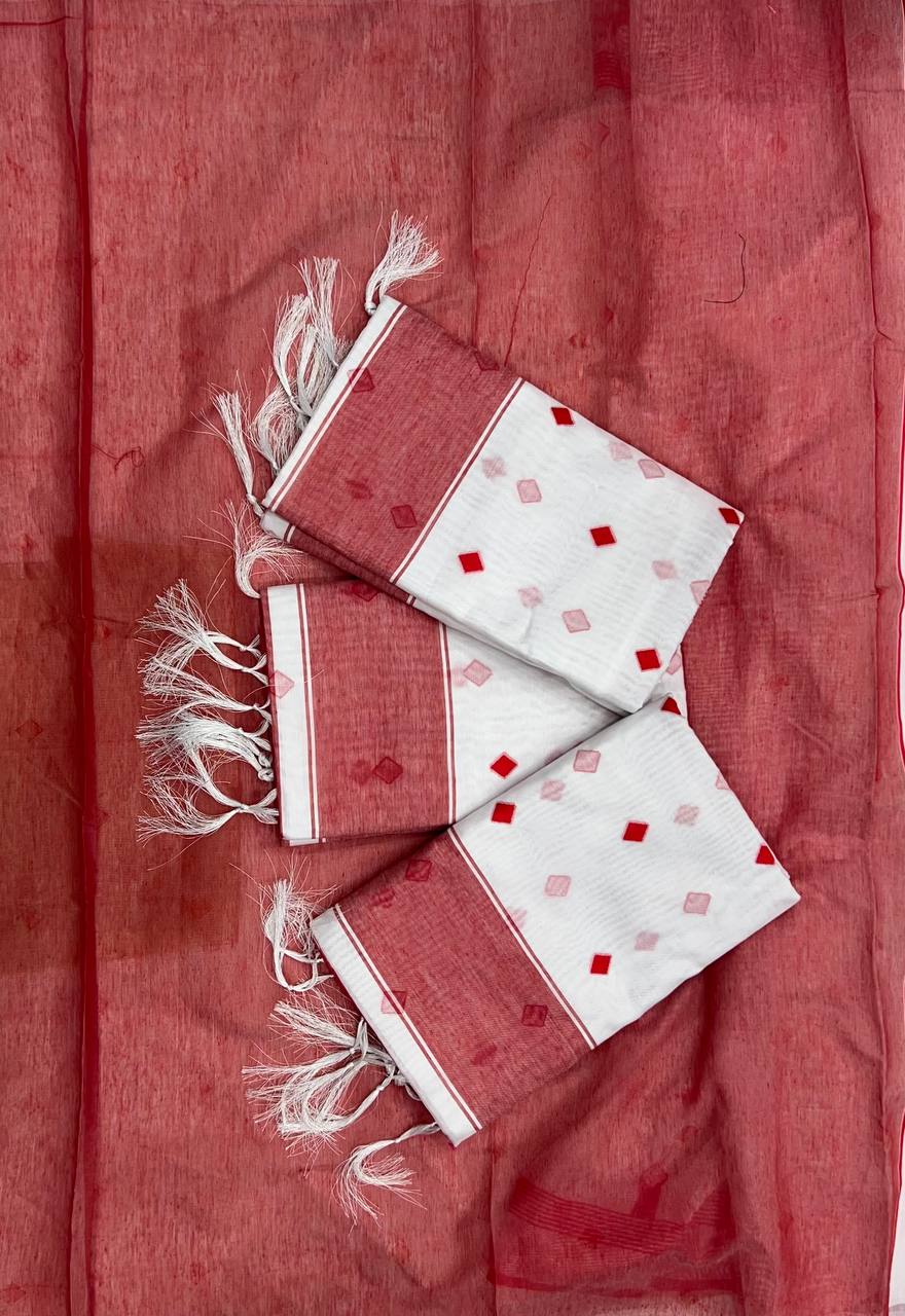 “Pure Cotton Handloom Saree in White and Red with Traditional Woven Motifs”