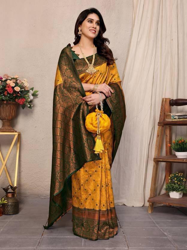 Royal Mustard Yellow & Bottle Green Soft Kanjivaram Silk Saree With Rich Zari Weaving Border & Designer Blouse Piece