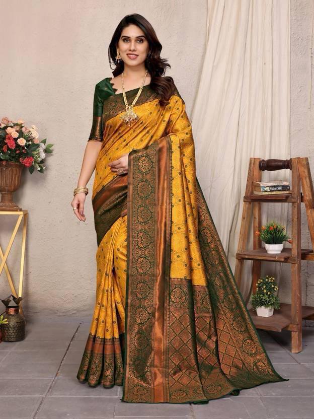 Royal Mustard Yellow & Bottle Green Soft Kanjivaram Silk Saree With Rich Zari Weaving Border & Designer Blouse Piece