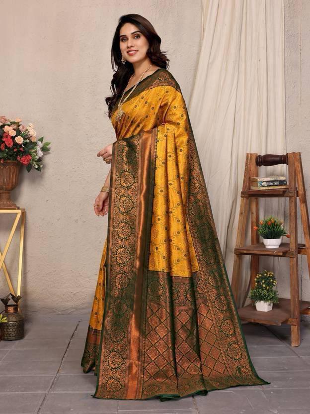 Royal Mustard Yellow & Bottle Green Soft Kanjivaram Silk Saree With Rich Zari Weaving Border & Designer Blouse Piece