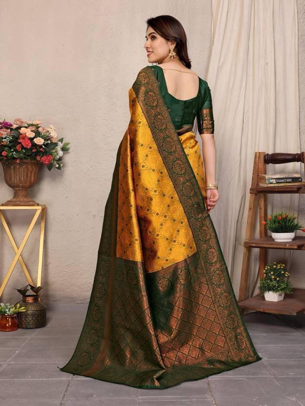 Royal Mustard Yellow & Bottle Green Soft Kanjivaram Silk Saree With Rich Zari Weaving Border & Designer Blouse Piece