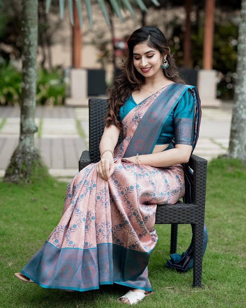Elegant Peach & Teal Blue Soft Silk Weaving Saree with Rich Floral Jacquard Pattern, Contrasting Border–Pallu Design & Matching Designer Blouse Piece