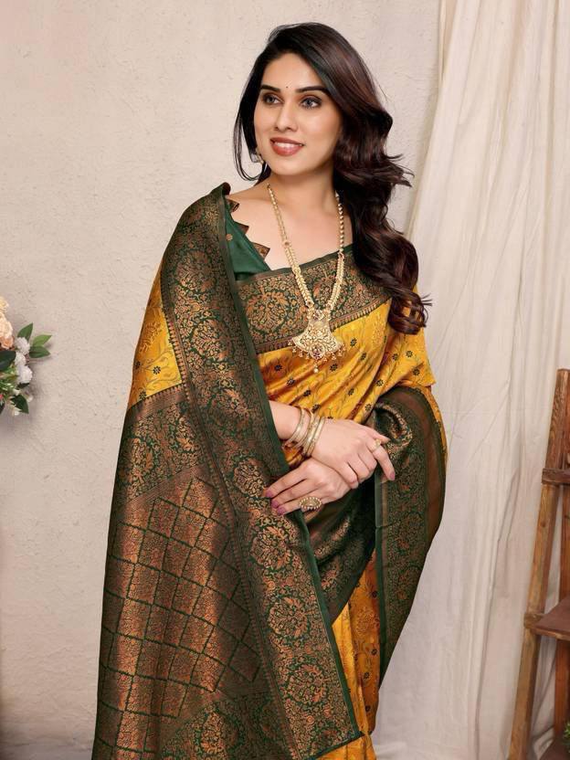 Royal Mustard Yellow & Bottle Green Soft Kanjivaram Silk Saree With Rich Zari Weaving Border & Designer Blouse Piece