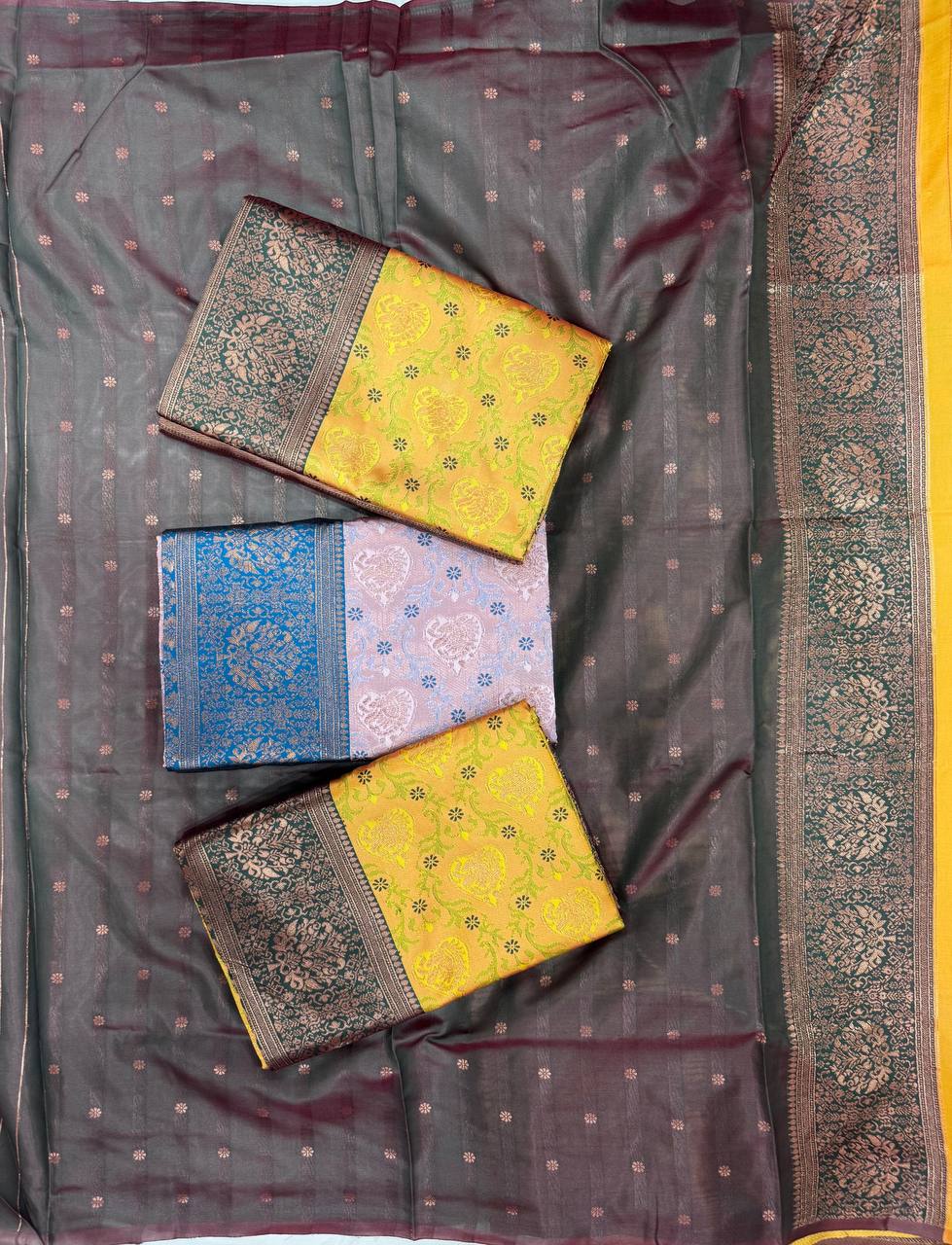 Royal Mustard Yellow & Bottle Green Soft Kanjivaram Silk Saree With Rich Zari Weaving Border & Designer Blouse Piece