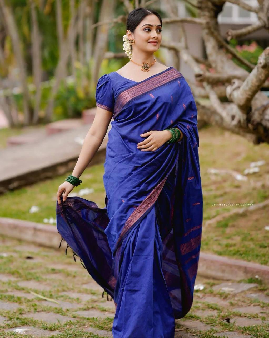 Royal Blue Traditional Silk Saree with Rich Copper Zari Detailing