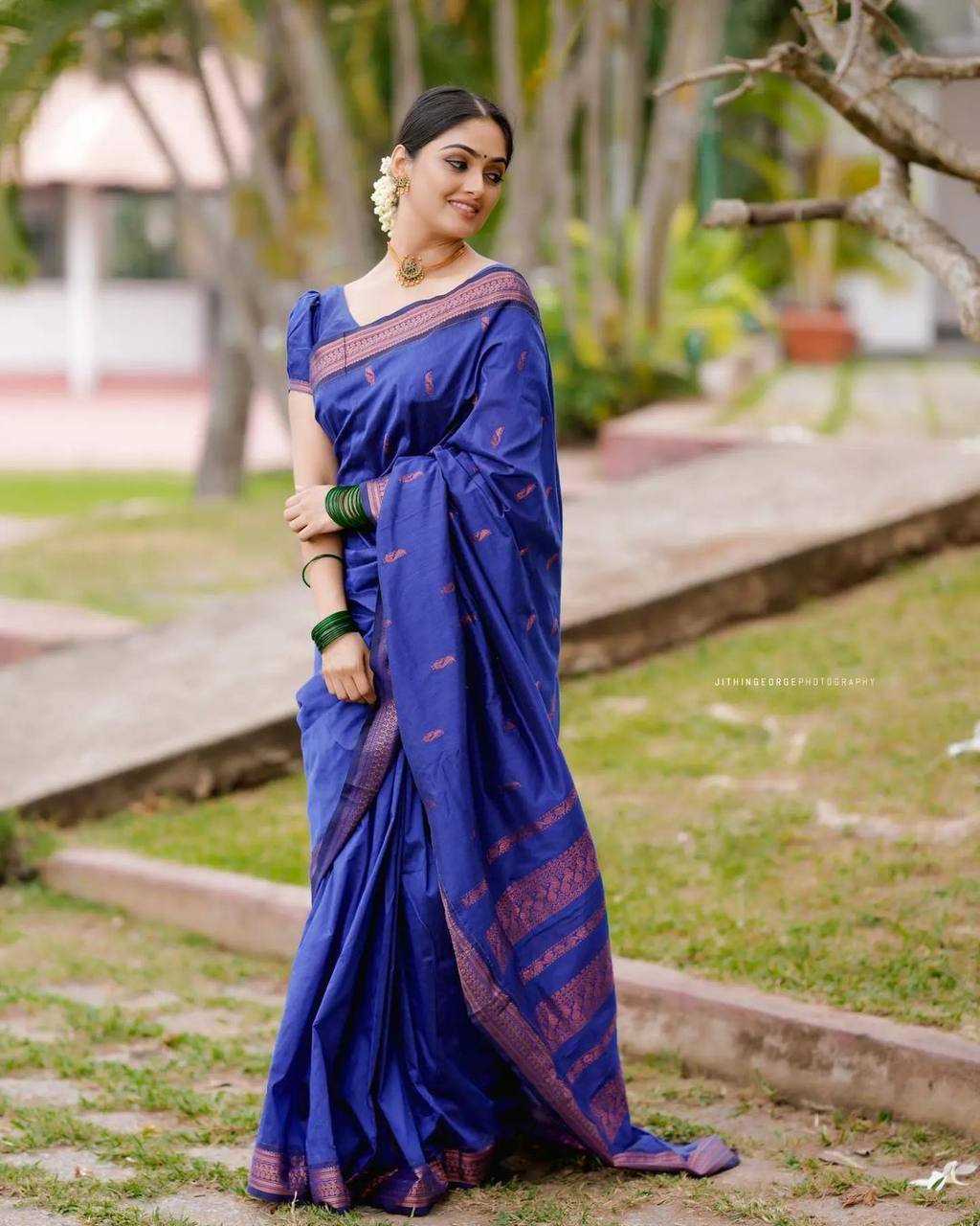 Royal Blue Traditional Silk Saree with Rich Copper Zari Detailing