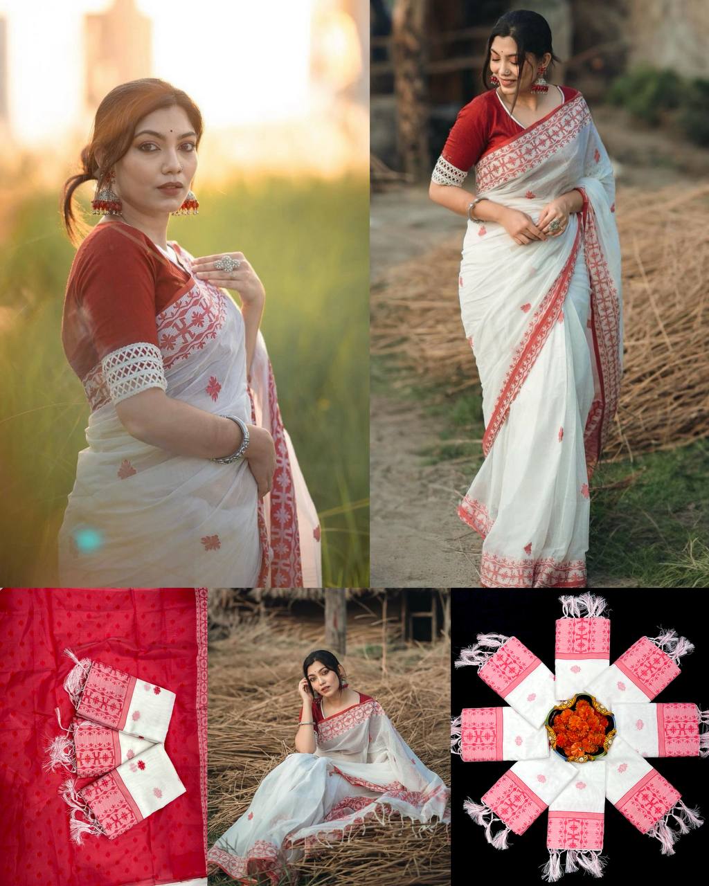 Elegant White & Red Handloom Cotton Saree with Traditional Embroidered Border