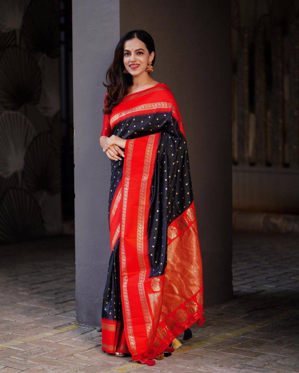 Stunning Red & Black Soft Silk Saree with Rich Gold Zari Weaving, Polka Butta Design, and Grand Festive & Wedding Wear Appeal