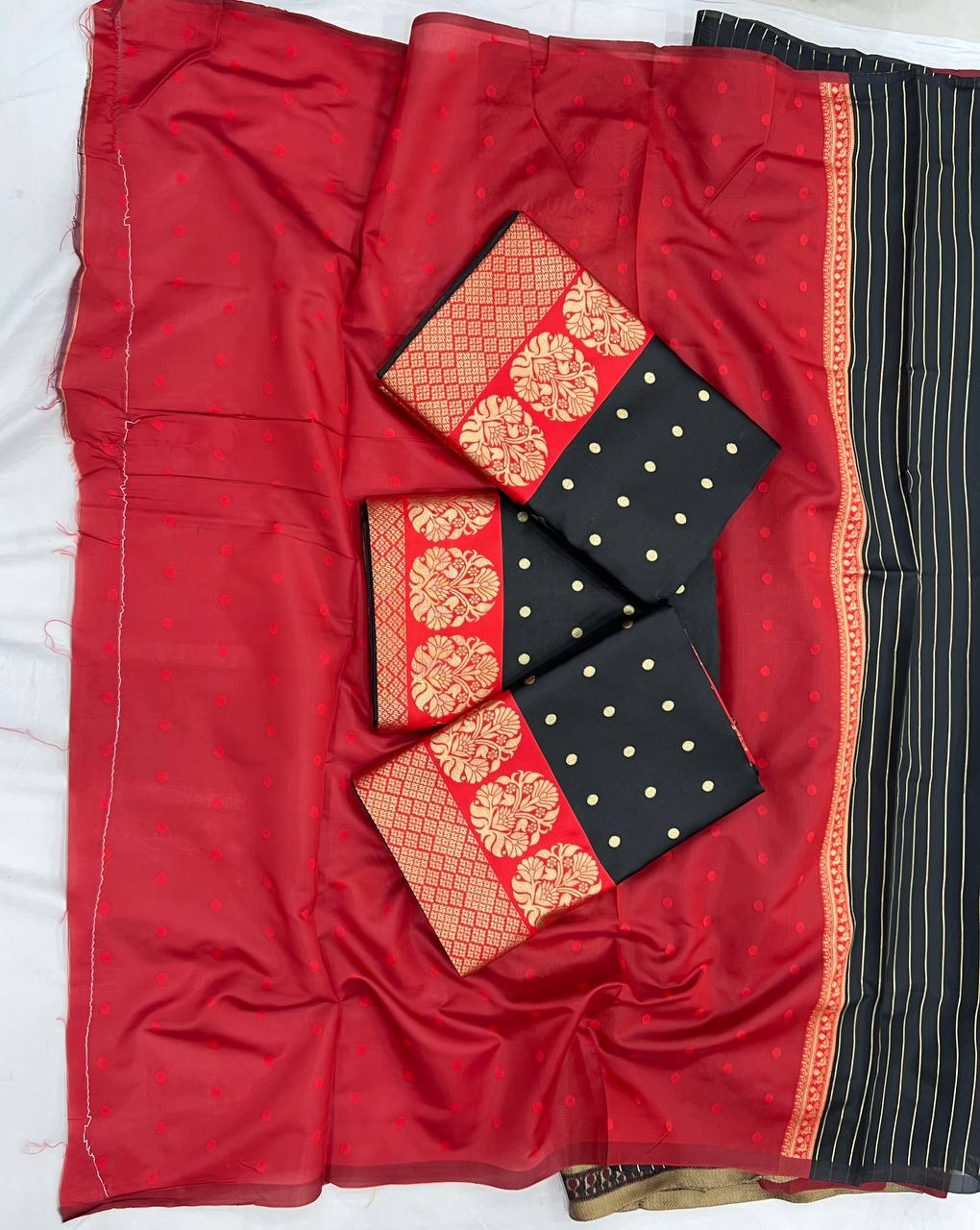 Stunning Red & Black Soft Silk Saree with Rich Gold Zari Weaving, Polka Butta Design, and Grand Festive & Wedding Wear Appeal