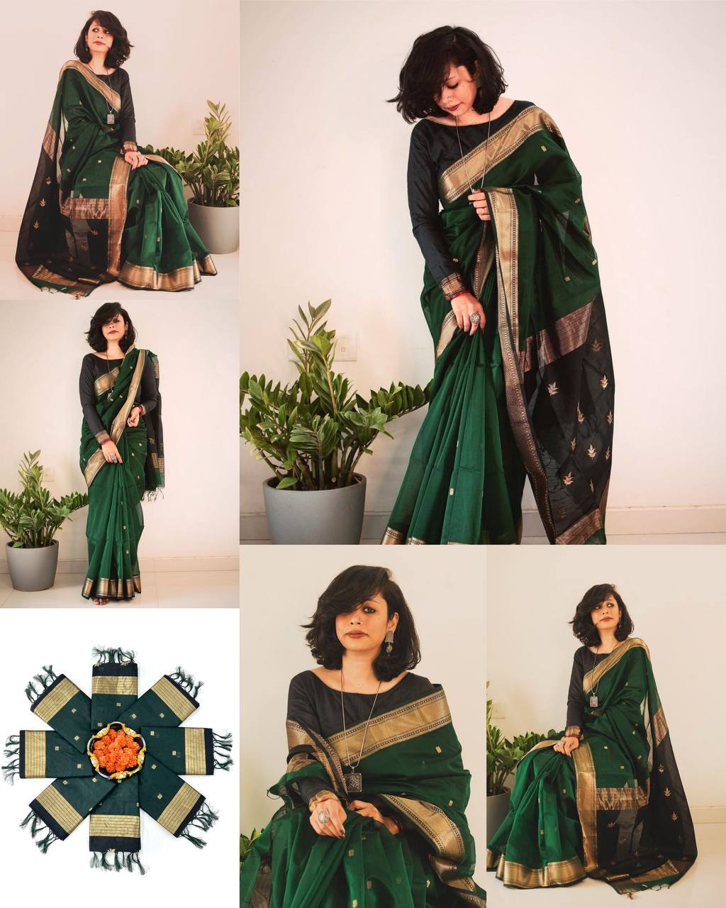 Classic Bottle Green Soft Silk Saree with Rich Gold Zari Border, Black Contrast Pallu, and Traditional Festive & Ethnic Elegance