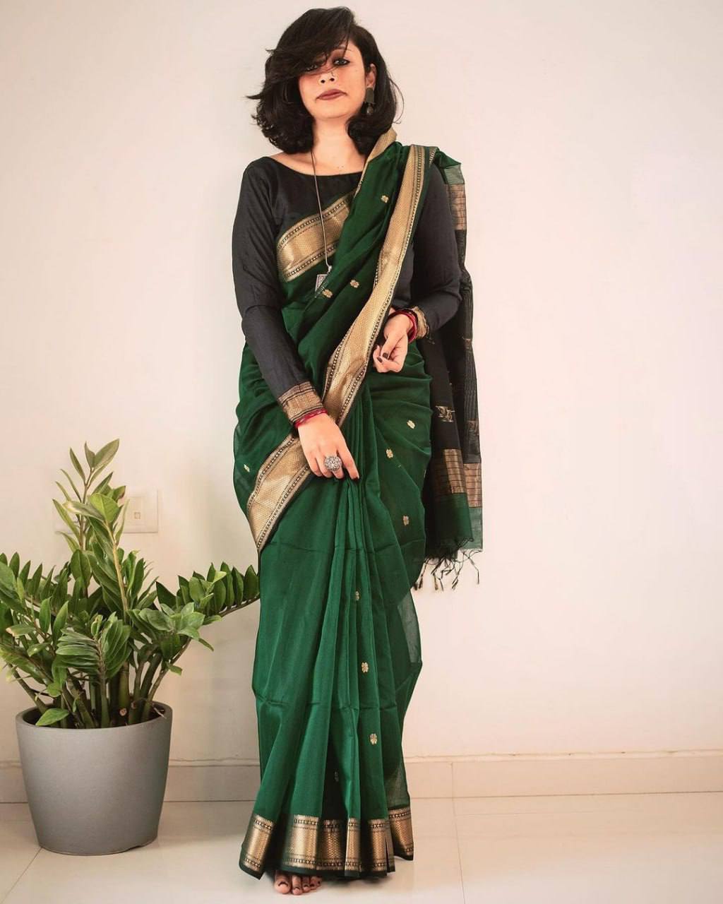 Classic Bottle Green Soft Silk Saree with Rich Gold Zari Border, Black Contrast Pallu, and Traditional Festive & Ethnic Elegance