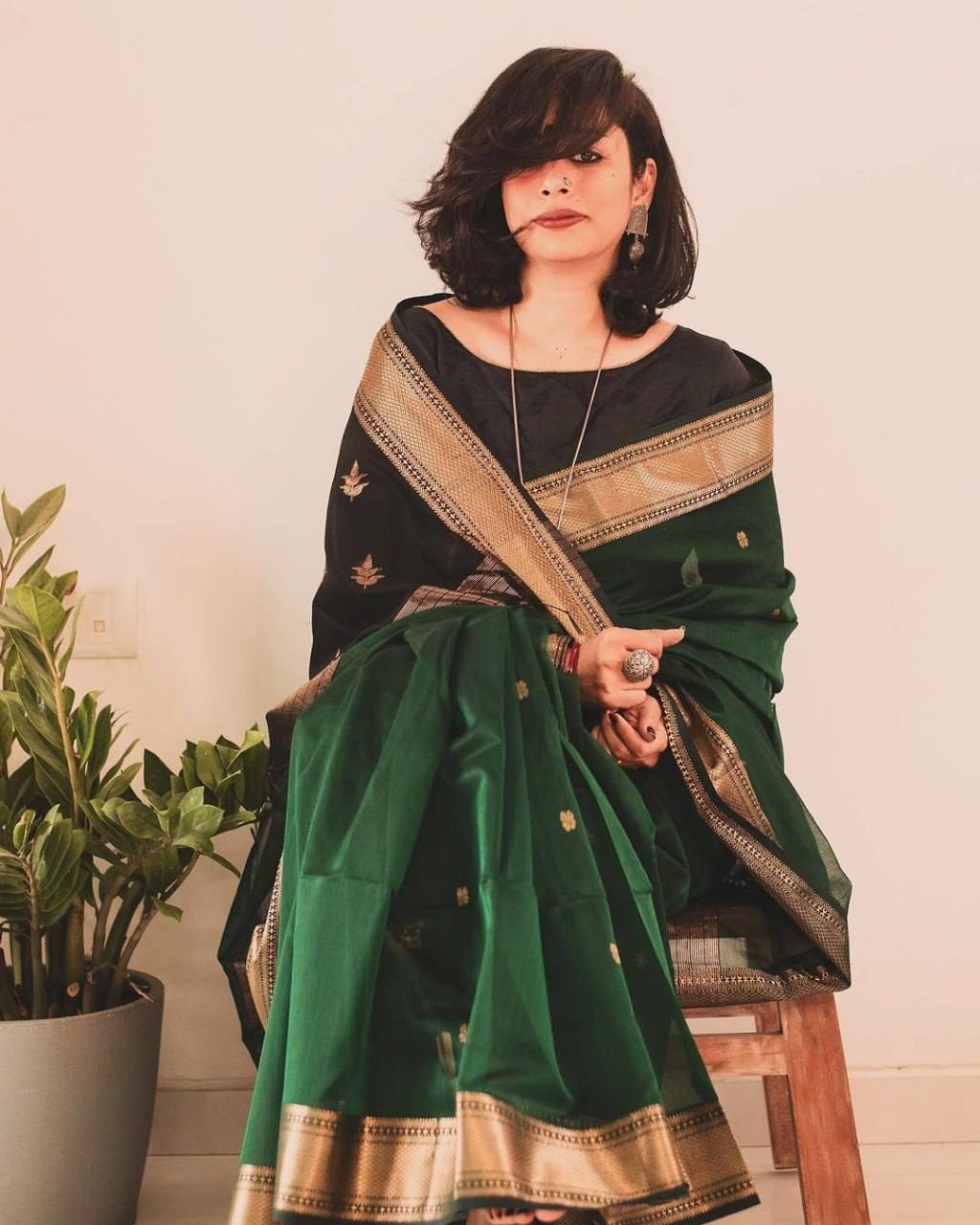 Classic Bottle Green Soft Silk Saree with Rich Gold Zari Border, Black Contrast Pallu, and Traditional Festive & Ethnic Elegance