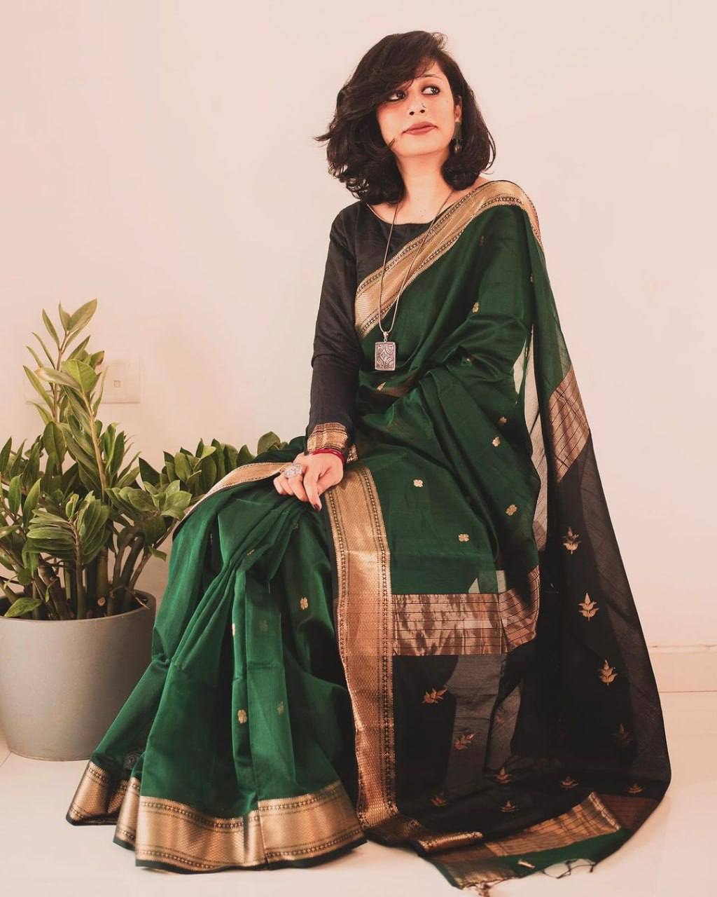 Classic Bottle Green Soft Silk Saree with Rich Gold Zari Border, Black Contrast Pallu, and Traditional Festive & Ethnic Elegance