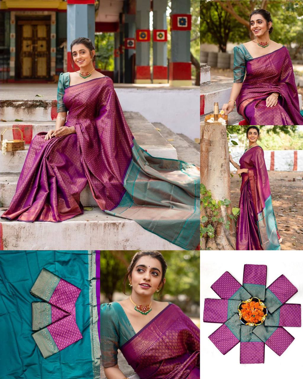 Royal Purple Kanjivaram Silk Saree with Contrast Teal Zari Pallu