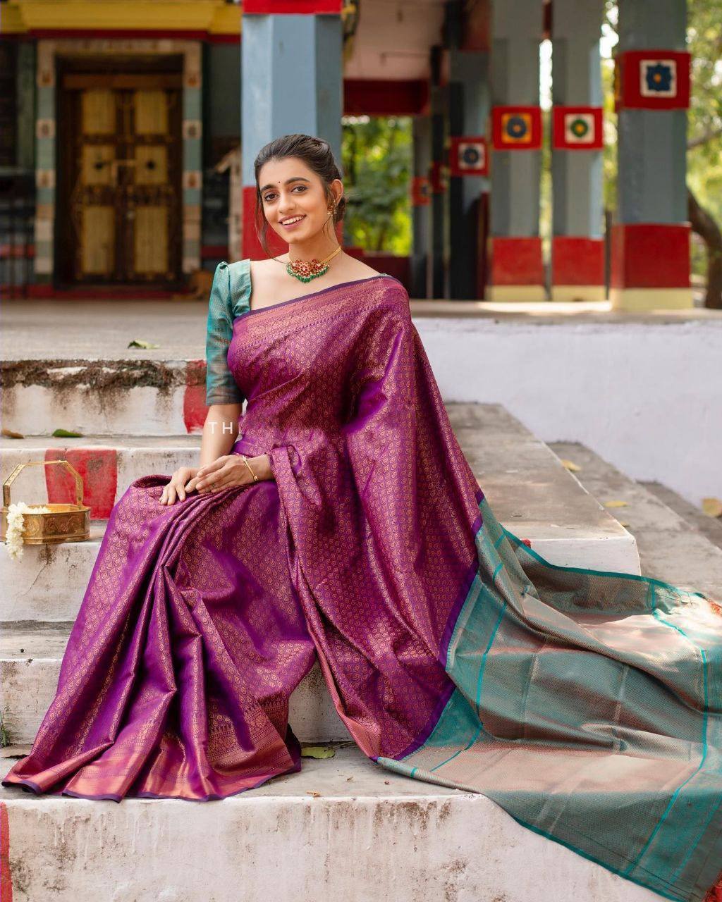 Royal Purple Kanjivaram Silk Saree with Contrast Teal Zari Pallu
