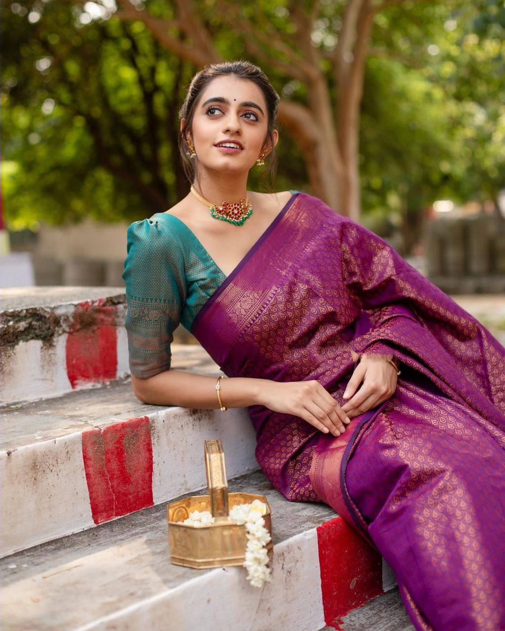 Royal Purple Kanjivaram Silk Saree with Contrast Teal Zari Pallu