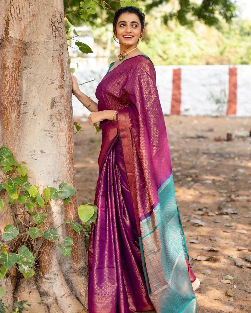 Royal Purple Kanjivaram Silk Saree with Contrast Teal Zari Pallu