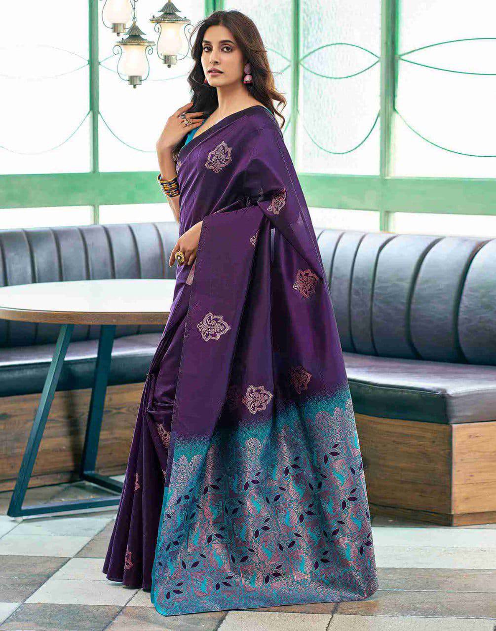 Premium Purple Soft Silk Saree with Contrast Blue Weaving Border, Floral Zari Motifs & Rich Designer Pallu, Perfect Festive & Party Wear Ensemble