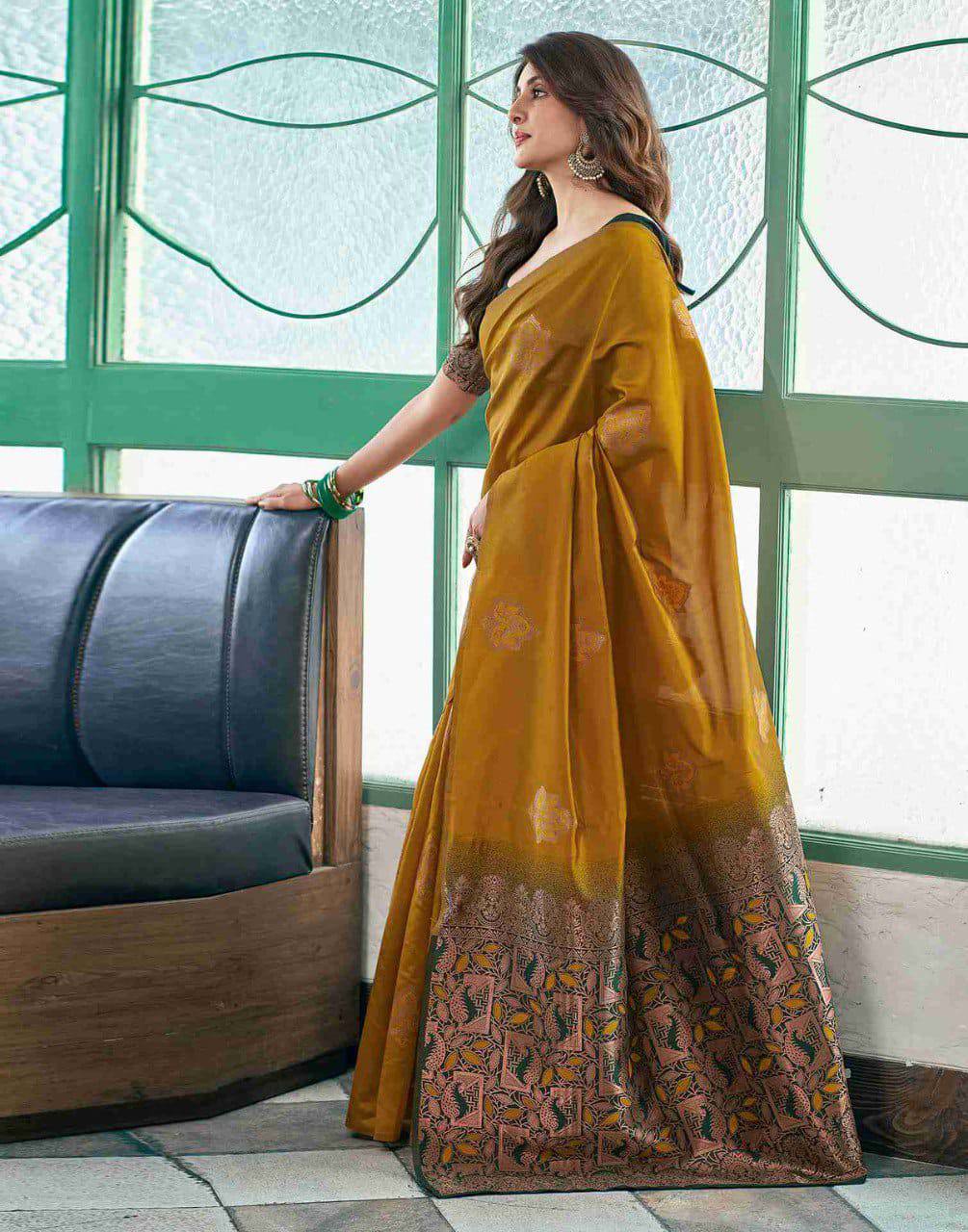 Premium Mustard Soft Silk Saree with Rich Copper–Green Weaving Border, Intricate Floral Zari Motifs & Designer Pallu – Perfect for Festive and Traditional Occasions