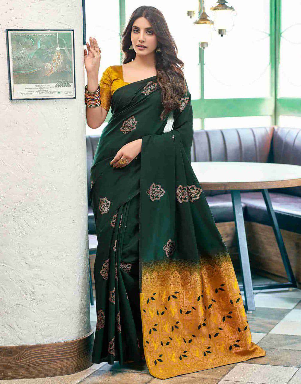 Premium Dark Green Soft Silk Saree with Rich Golden Weaving Border, Intricate Floral Zari Motifs & Designer Pallu – Perfect Festive, Wedding & Traditional Wear Saree