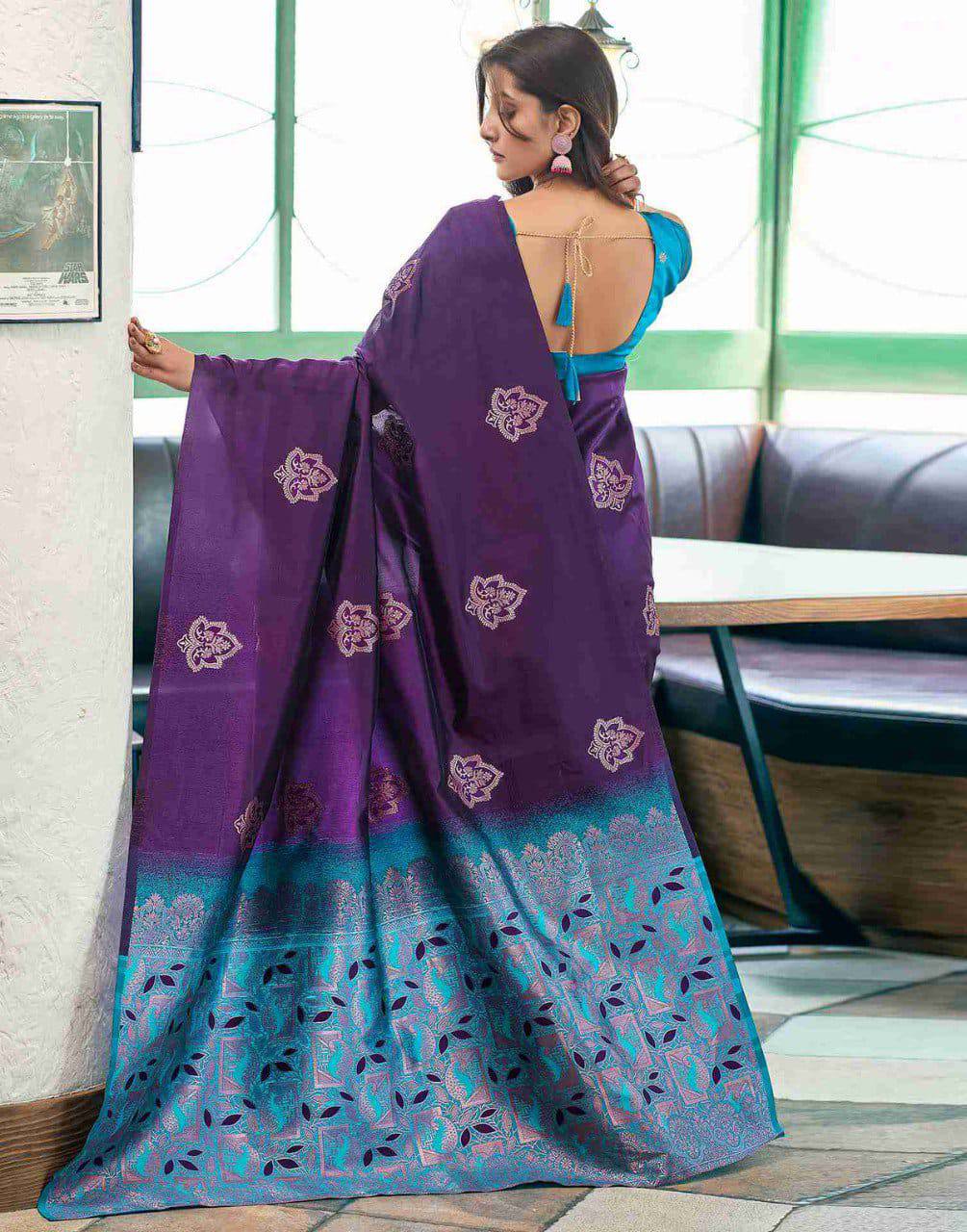 Premium Purple Soft Silk Saree with Contrast Blue Weaving Border, Floral Zari Motifs & Rich Designer Pallu, Perfect Festive & Party Wear Ensemble