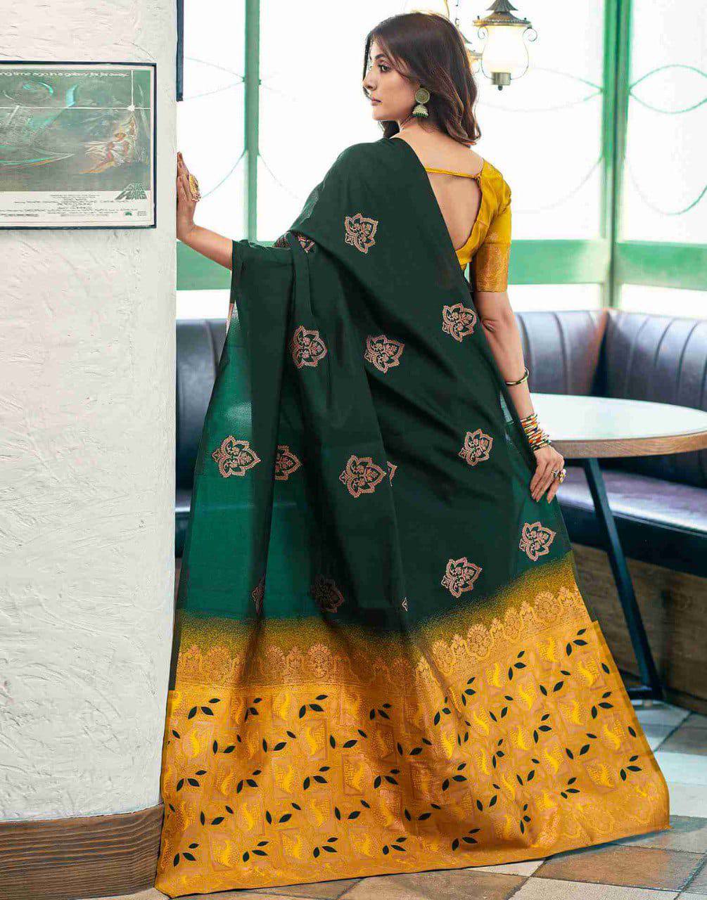 Premium Dark Green Soft Silk Saree with Rich Golden Weaving Border, Intricate Floral Zari Motifs & Designer Pallu – Perfect Festive, Wedding & Traditional Wear Saree