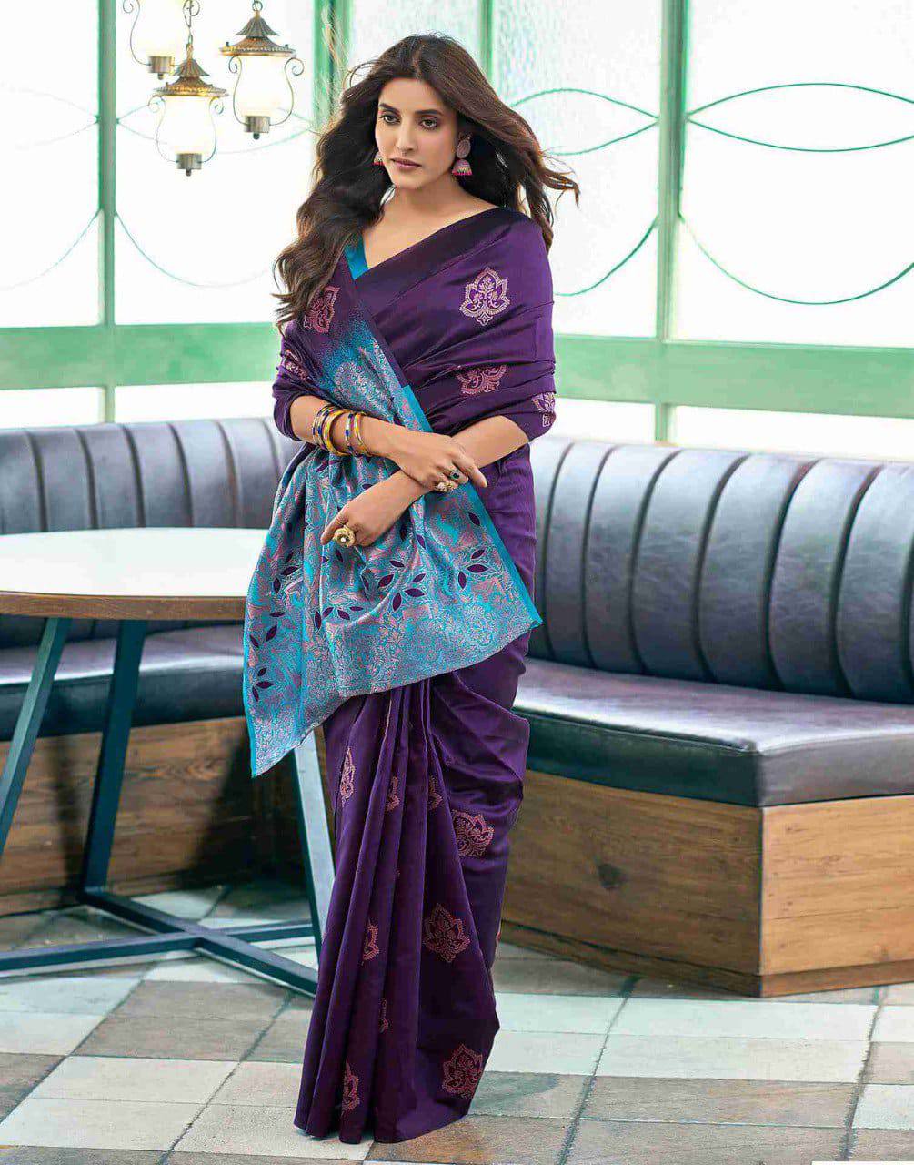 Premium Purple Soft Silk Saree with Contrast Blue Weaving Border, Floral Zari Motifs & Rich Designer Pallu, Perfect Festive & Party Wear Ensemble