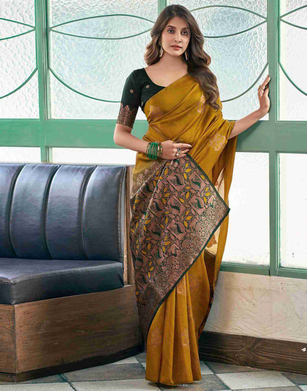 Premium Mustard Soft Silk Saree with Rich Copper–Green Weaving Border, Intricate Floral Zari Motifs & Designer Pallu – Perfect for Festive and Traditional Occasions