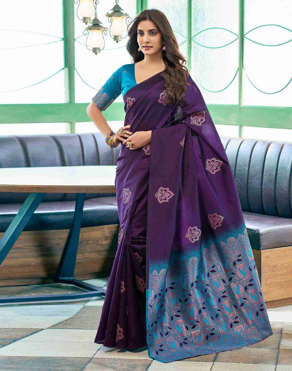 Premium Purple Soft Silk Saree with Contrast Blue Weaving Border, Floral Zari Motifs & Rich Designer Pallu, Perfect Festive & Party Wear Ensemble