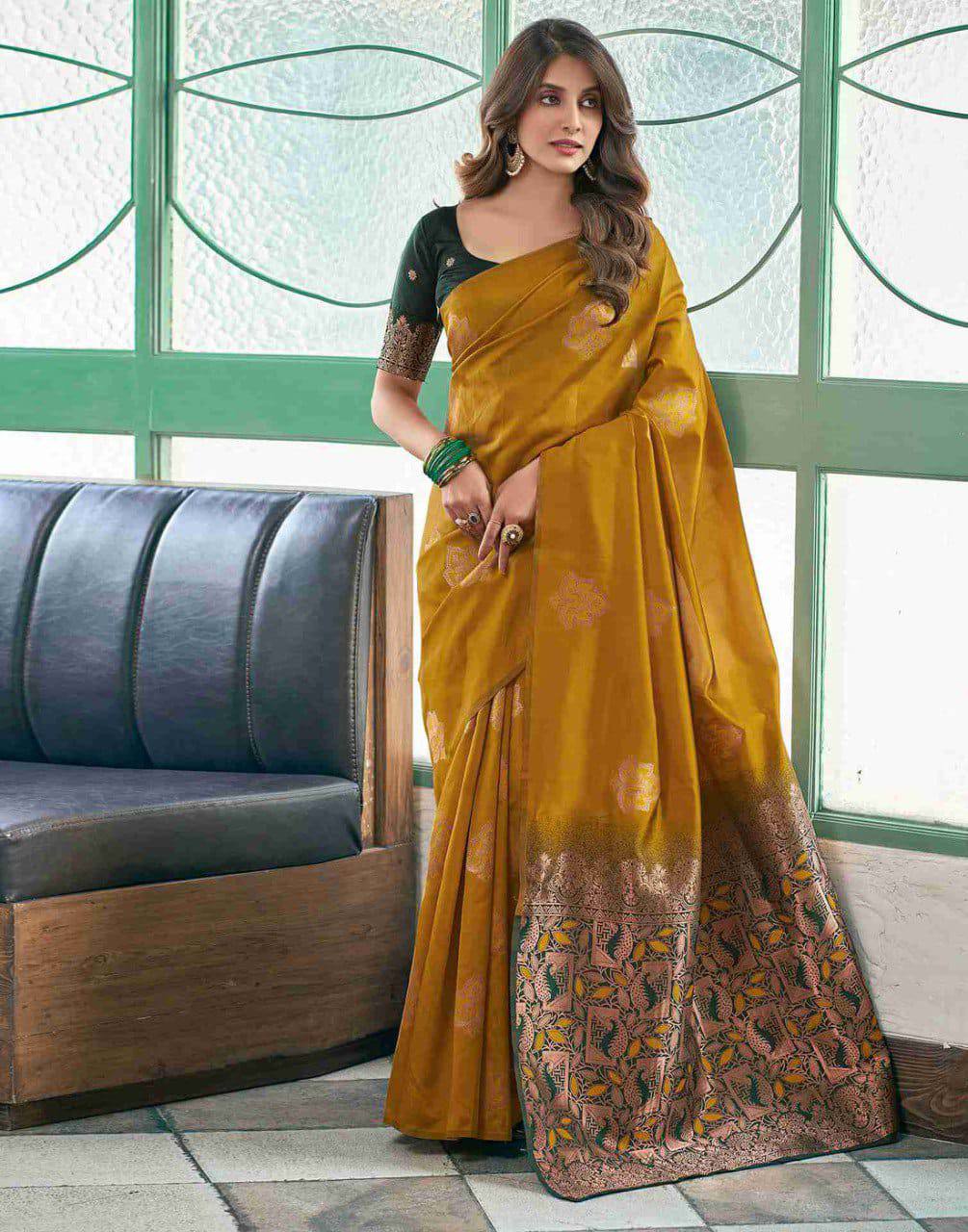 Premium Mustard Soft Silk Saree with Rich Copper–Green Weaving Border, Intricate Floral Zari Motifs & Designer Pallu – Perfect for Festive and Traditional Occasions
