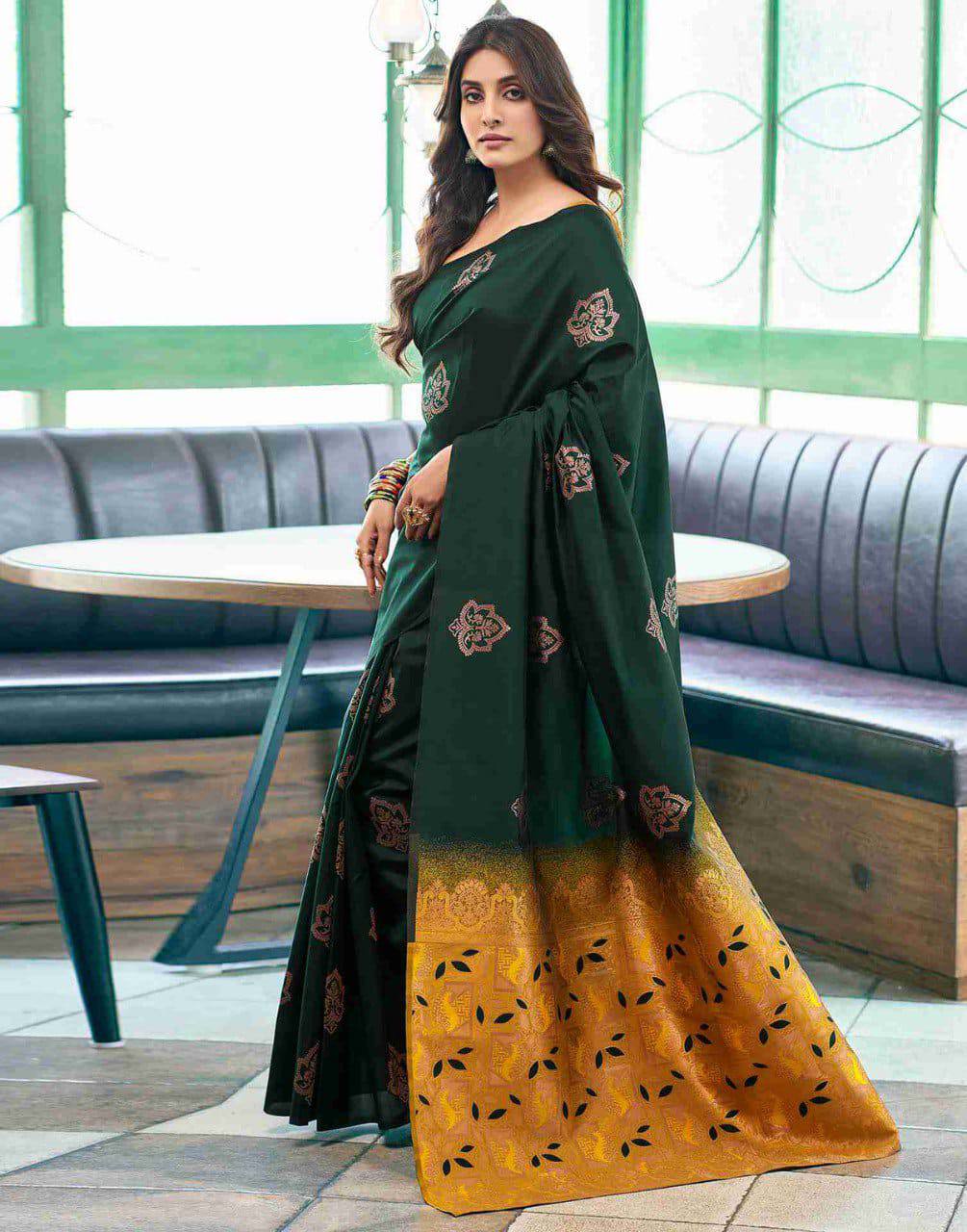 Premium Dark Green Soft Silk Saree with Rich Golden Weaving Border, Intricate Floral Zari Motifs & Designer Pallu – Perfect Festive, Wedding & Traditional Wear Saree