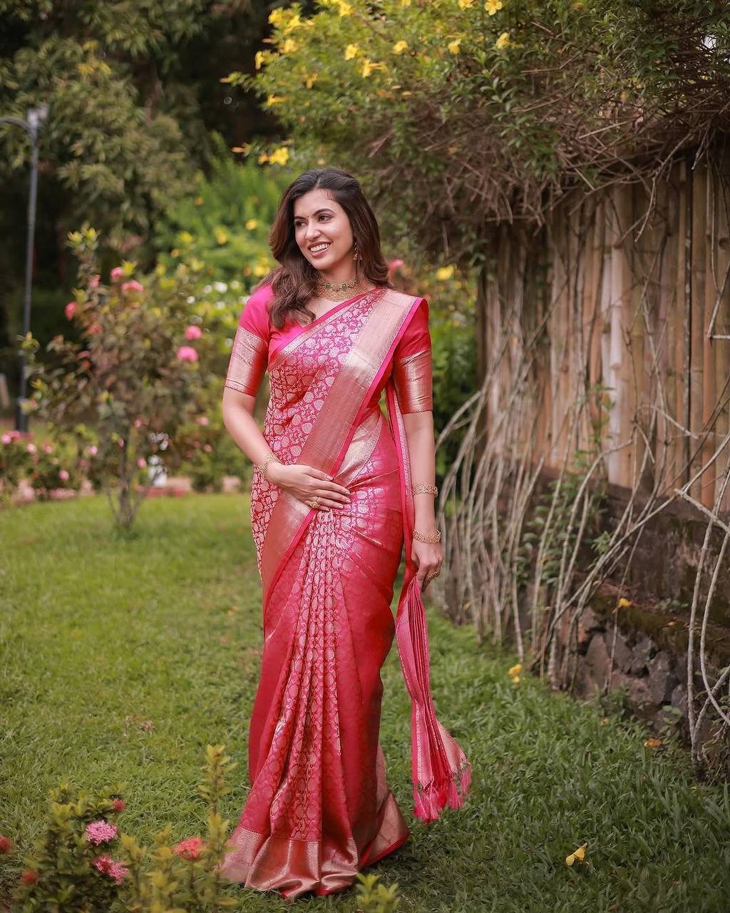 Rich Red Soft Silk Saree with Intricate Gold Zari Weaving, Classic Traditional Border, and Elegant Festive & Wedding Wear Appeal