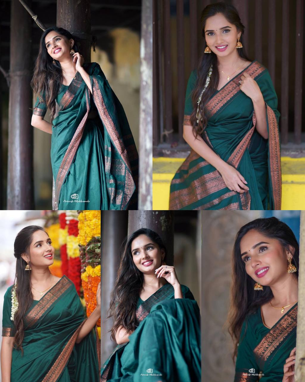 Elegant Deep Bottle Green Soft Silk Saree with Traditional Copper Zari Woven Border, Rich Pallu Detailing, Lightweight Drape & Matching Blouse Piece
